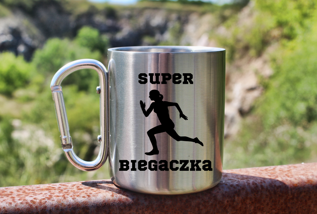Kubek ze srebrnym karabińczykiem – z nadrukiem "Super Biegaczka" – bieganie #8