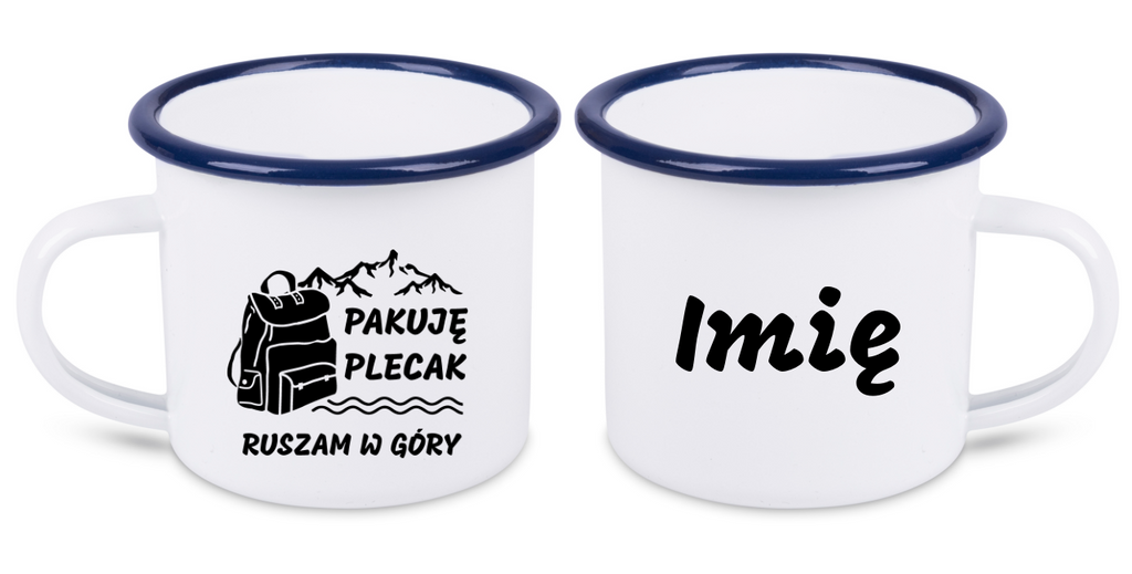 Kubek emaliowany biały z nadrukiem "Pakuję plecak, ruszam w góry#  #2
