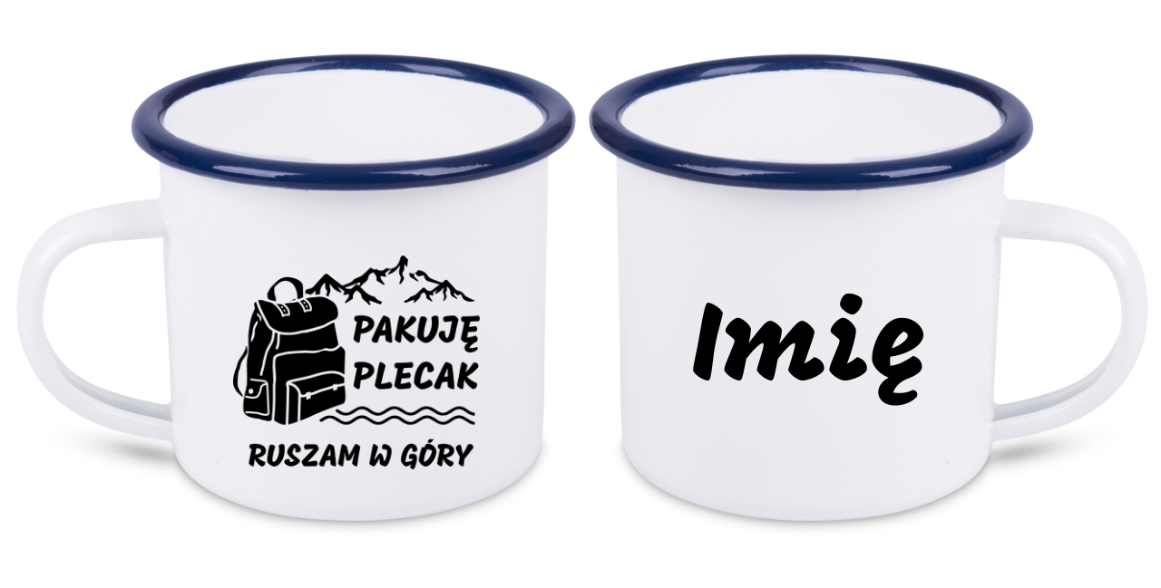 Kubek emaliowany biały z nadrukiem "Pakuję plecak, ruszam w góry#  #2