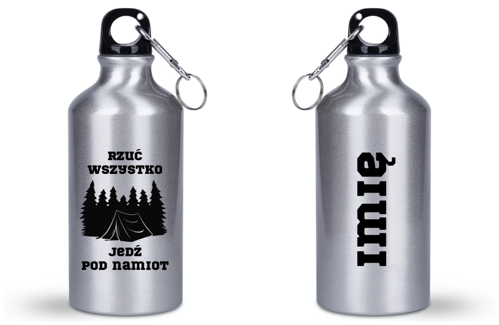 Butelka srebrna 400 ml z nadrukiem „Rzuć wszystko, jedź pod namiot” – camping, namiot #9