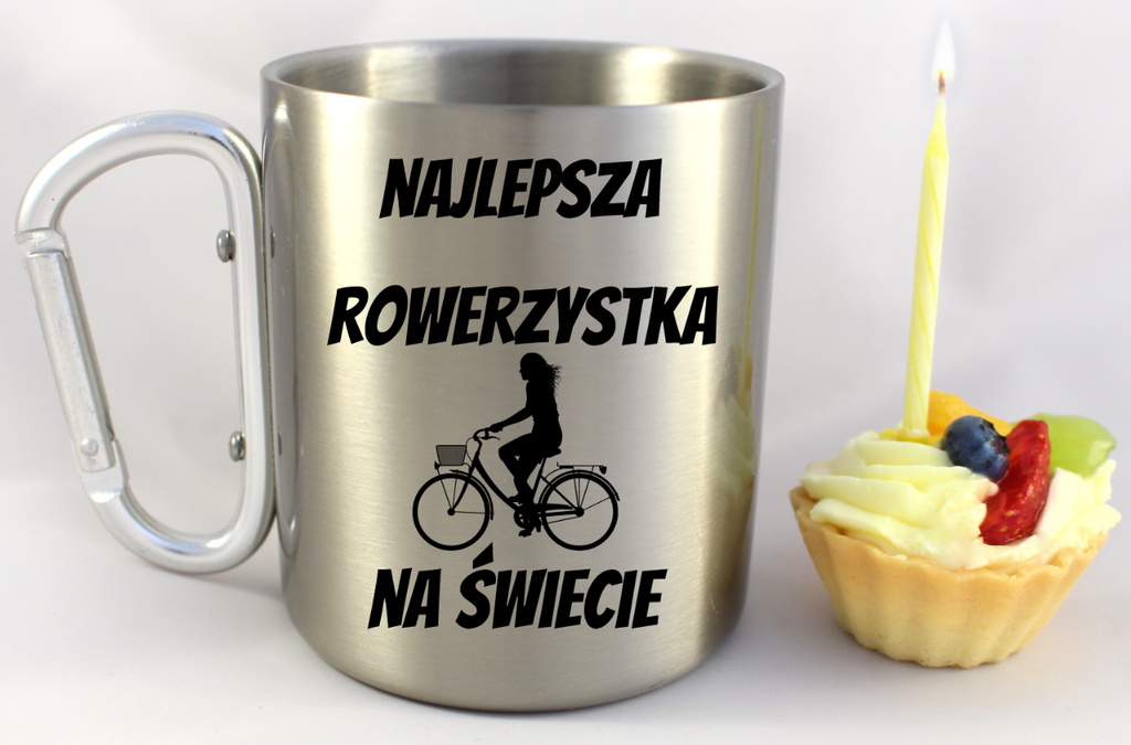 Kubek ze srebrnym karabińczykiem z nadrukiem "Najlepsza rowerzystka na świecie" – dla rowerzystki #8
