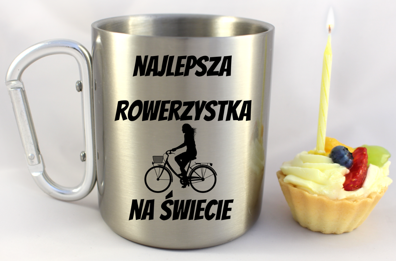 Kubek ze srebrnym karabińczykiem z nadrukiem "Najlepsza rowerzystka na świecie" – dla rowerzystki #8