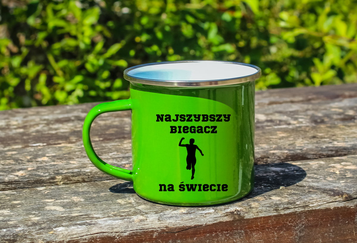 Kubek emaliowany zielony z nadrukiem "Najszybszy Biegacz na Świecie" – bieganie #4
