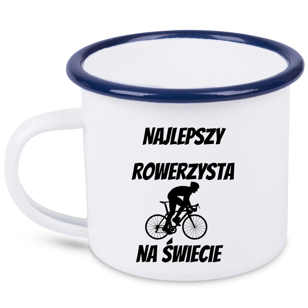 Kubek emaliowany biały z nadrukiem „Najlepszy rowerzysta na świecie” – dla rowerzysty #11