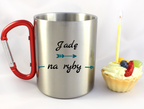 Kubek z czerwonym karabińczykiem i nadrukiem "Jadę na ryby" - wędkarstwo #3