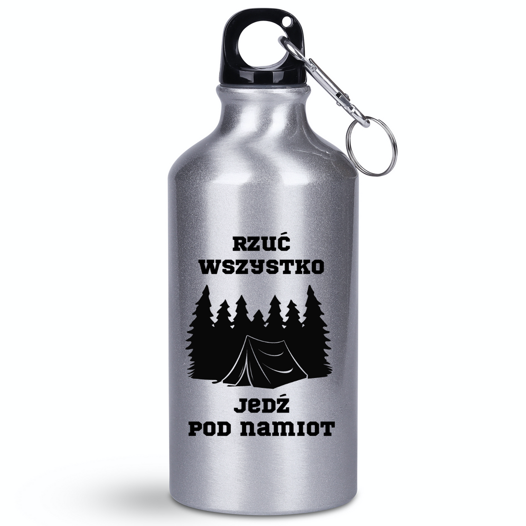 Butelka srebrna 400 ml z nadrukiem „Rzuć wszystko, jedź pod namiot” – camping, namiot #9
