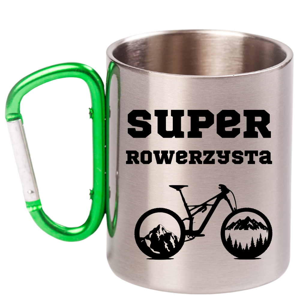 Kubek z zielonym karabińczykiem nadruk "Super Rowerzysta" – rower #8