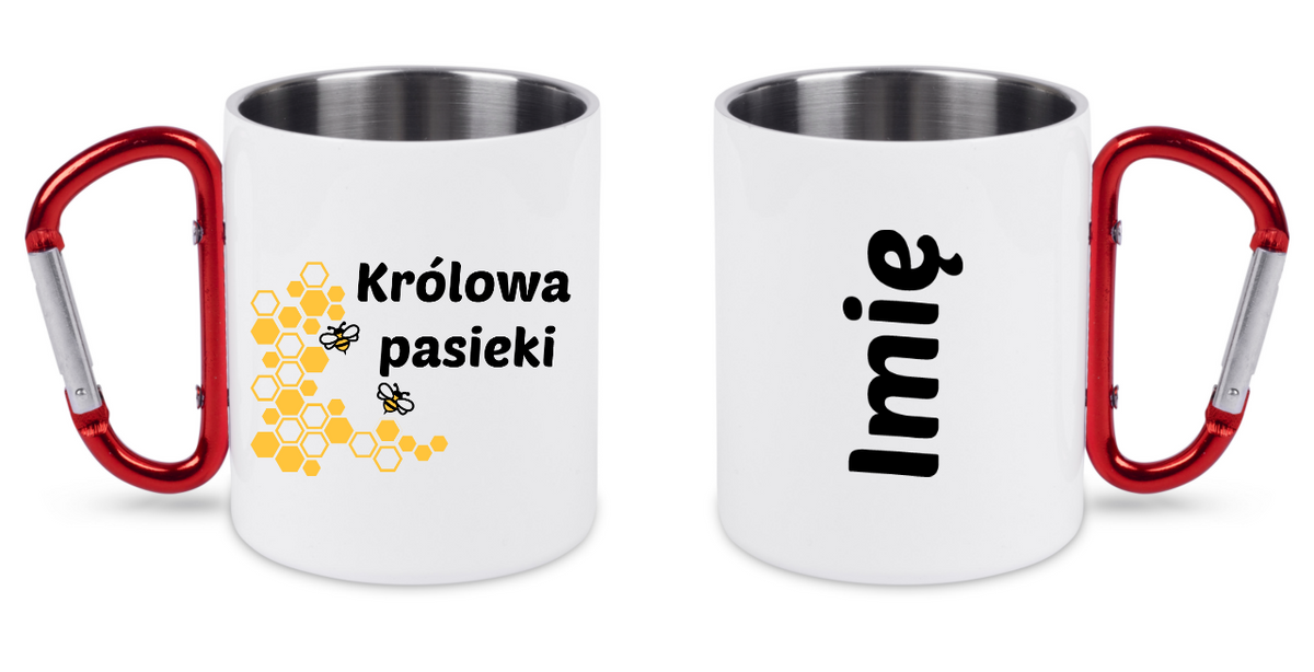 Kubek biały z czerwonym karabińczykiem i nadrukiem „Królowa pasieki” – pszczelarstwo #9