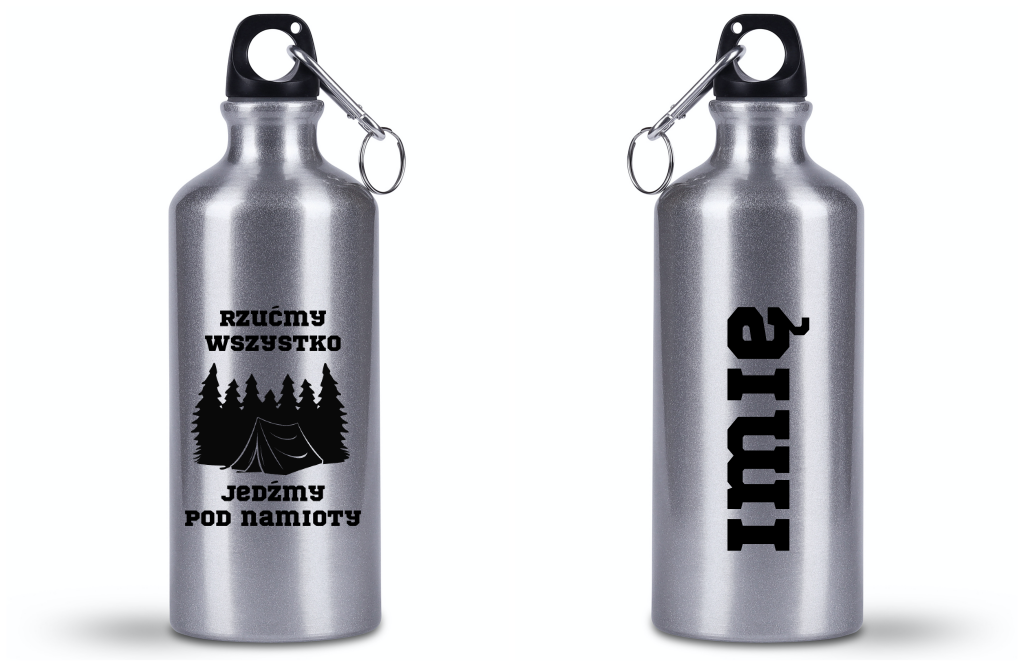 Bidon srebrny 500 ml z nadrukiem „Rzućmy wszystko, jedź pod namioty” – namioty, camping, wyprawa #9