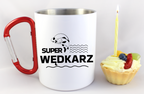 Kubek biały z czerwonym karabińczykiem i nadrukiem "Super wędkarz" – wędkarstwo #11