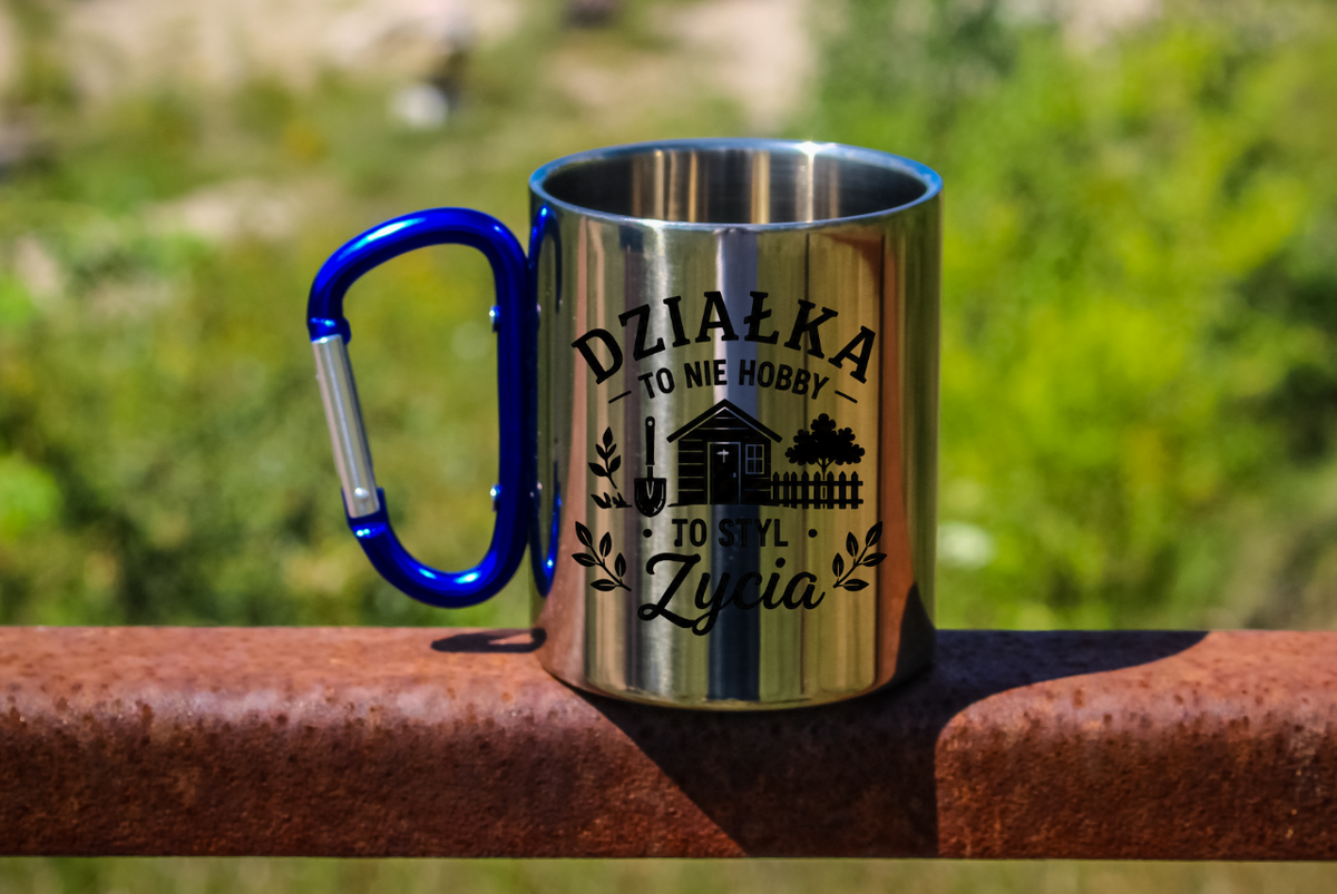 Kubek niebieski karabińczyk "Działka to nie hobby, to styl życia" - na działkę #4