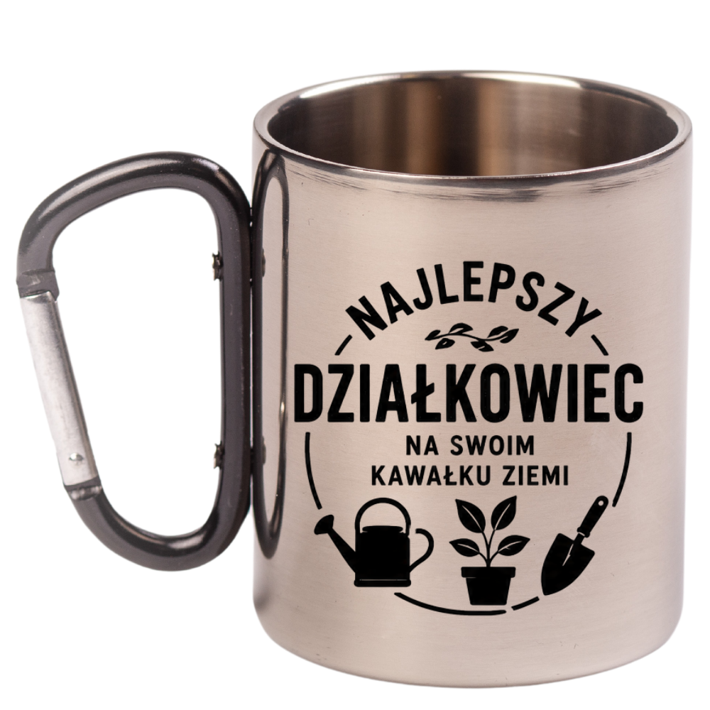 Kubek z czarnym karabińczykiem z nadrukiem „Najlepszy działkowiec na swoim kawałku ziemi” – działka, ogród #5