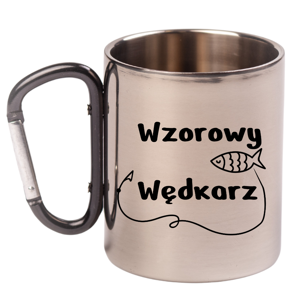 Kubek metalowy 300 ml z czarnym karabińczykiem i nadrukiem „Wzorowy Wędkarz” #1