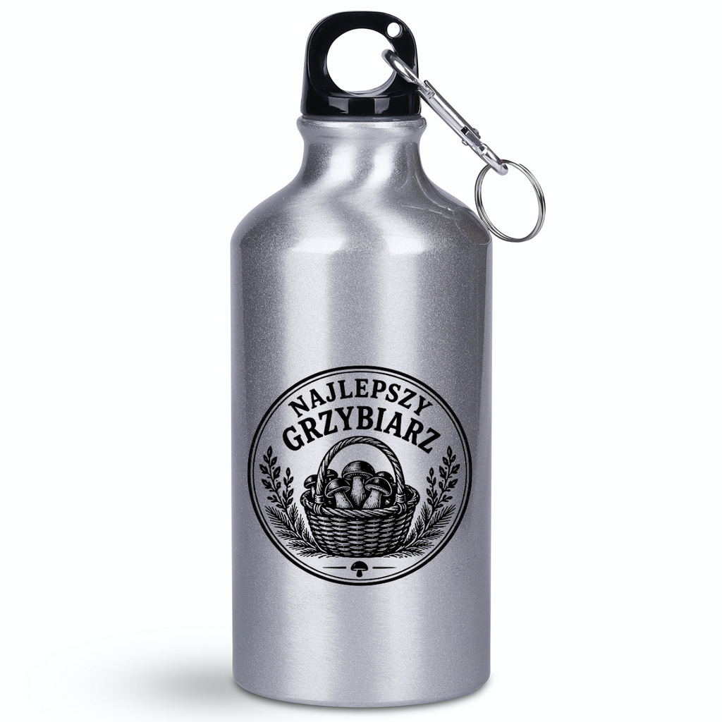 Butelka srebrna 400 ml z nadrukiem „Najlepszy Grzybiarz” – na grzyby #2