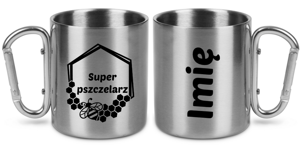 Kubek metalowy ze srebrnym karabińczykiem z nadrukiem „Super pszczelarz” – pszczelarstwo #9