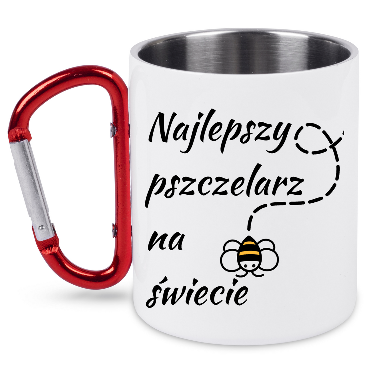 Kubek biały z czerwonym karabińczykiem i nadrukiem „Najlepszy pszczelarz na świecie” – pszczelarstwo #5