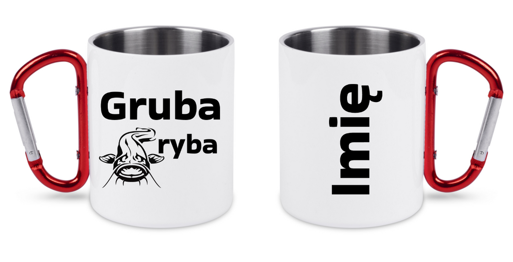 Kubek biały z czerwonym karabińczykiem i nadrukiem "Gruba ryba" – wędkarstwo #12