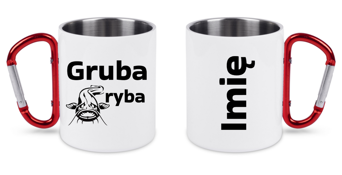 Kubek biały z czerwonym karabińczykiem i nadrukiem "Gruba ryba" – wędkarstwo #12