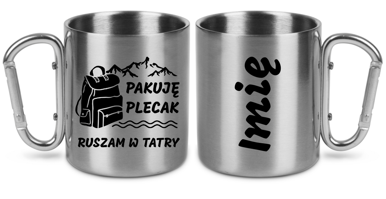 Kubek karabińczyk srebrny z nadrukiem "Pakuję plecak, ruszam w Tatry" - Zakopane, Podhale, góry #1