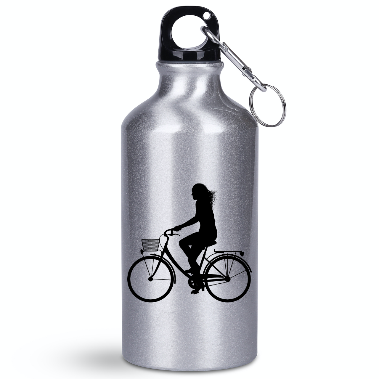 Butelka srebrna 400 ml z grafiką rowerową i imieniem do wyboru - dla rowerzystki #1