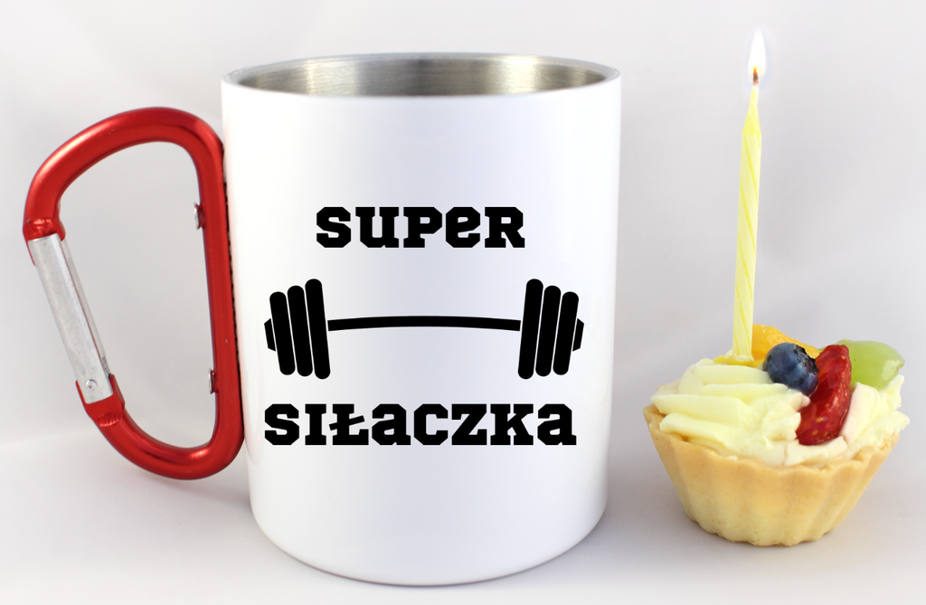 Kubek biały z czerwonym karabińczykiem i nadrukiem „Super Siłaczka” – na siłownię #2