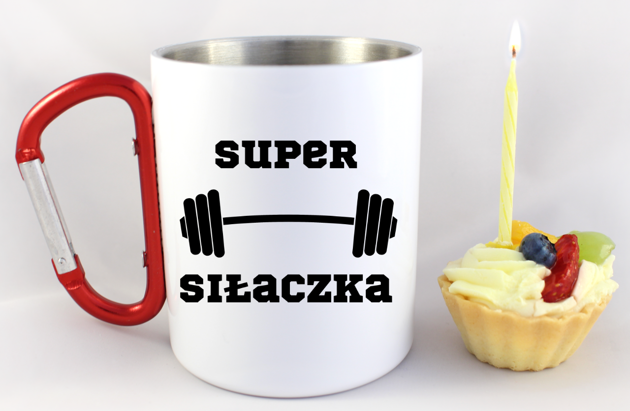 Kubek biały z czerwonym karabińczykiem i nadrukiem „Super Siłaczka” – na siłownię #2