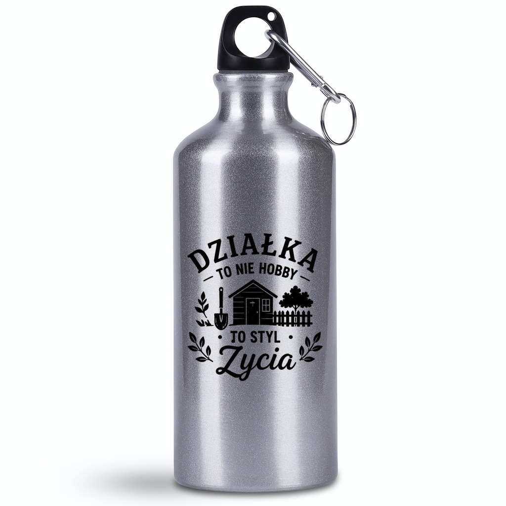 Bidon srebrny 500 ml z nadrukiem „Działka to nie hobby, to styl życia” – działka, ogród #4