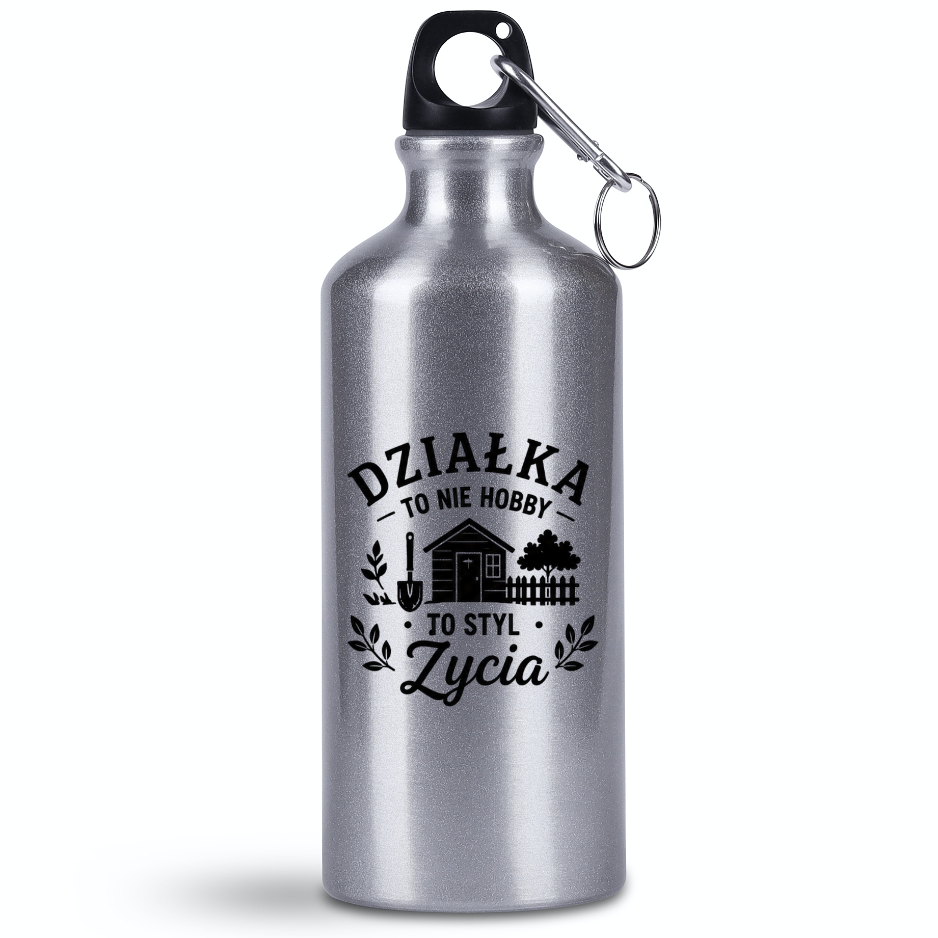 Bidon srebrny 500 ml z nadrukiem „Działka to nie hobby, to styl życia” – działka, ogród #4