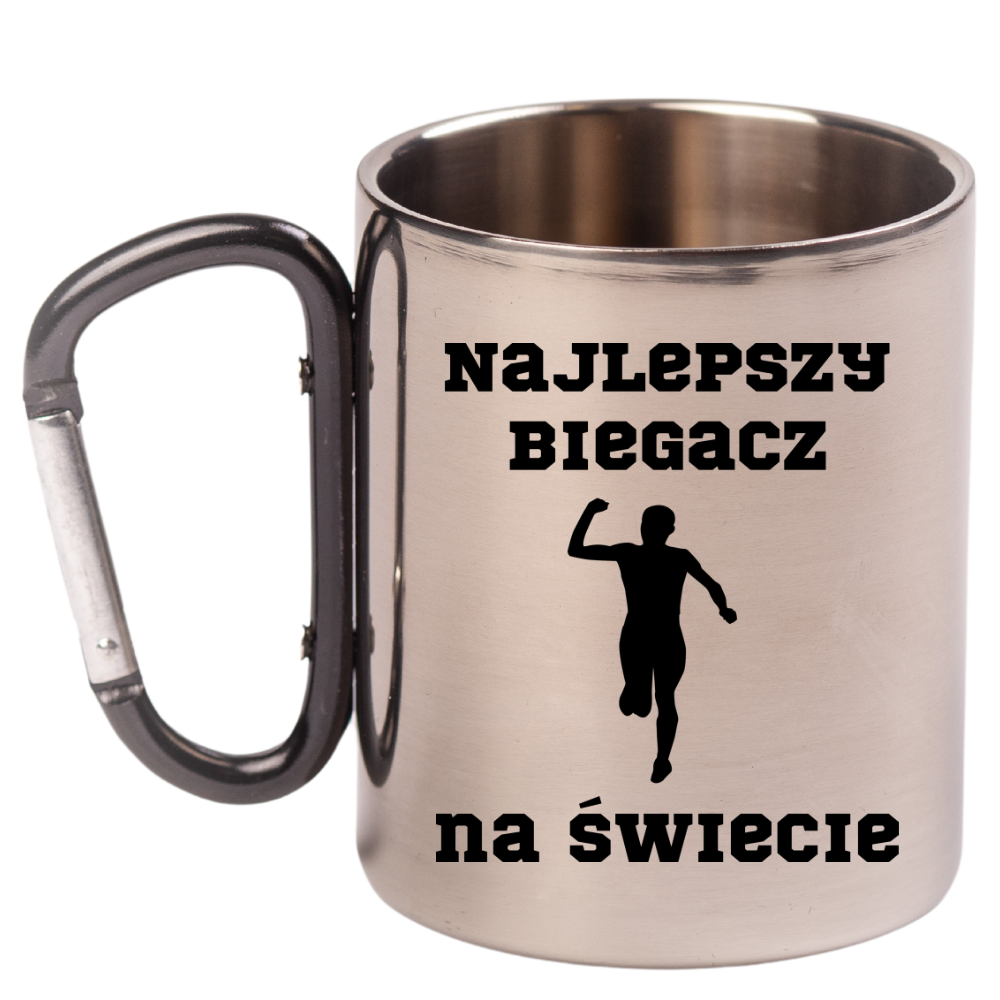 Biegowy kubek z karabińczykiem czarnym i nadrukiem "Najlepszy biegacz na świecie" #1