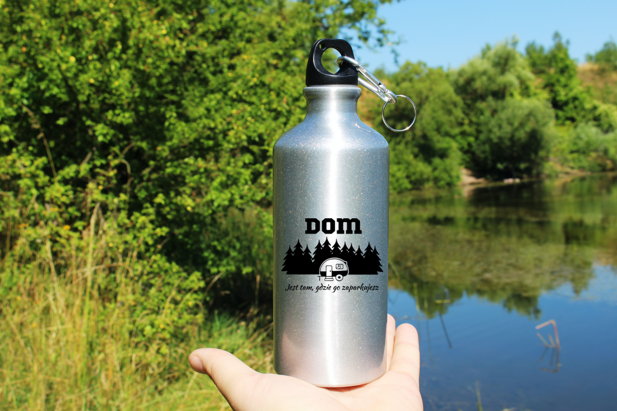Bidon srebrny 500 ml z nadrukiem „Dom jest tam, gdzie go zaparkujesz” – podróż, camping #5