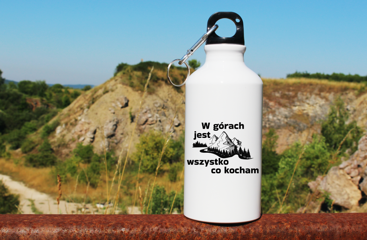 Butelka biała 400 ml z nadrukiem "W górach jest wszystko, co kocham" - góry #1