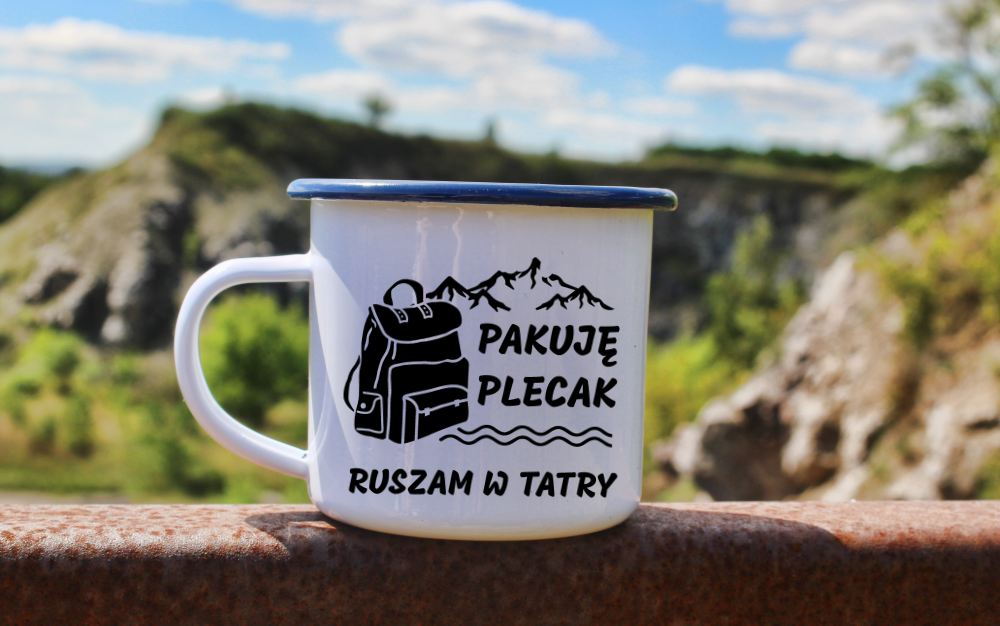 Kubek emaliowany biały z nadrukiem "Pakuję plecak, ruszam w Tatry# - Podhale, góry, Zakopane #1
