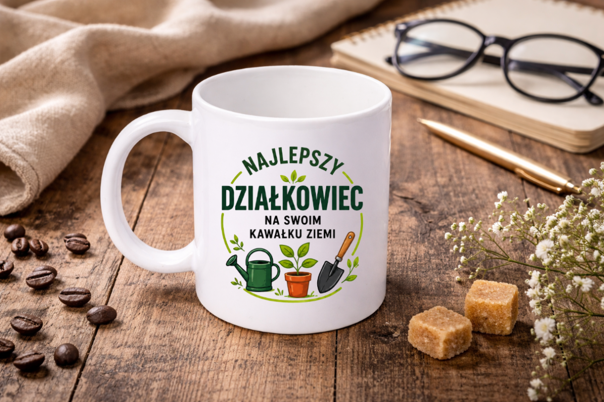 Kubek biały z nadrukiem „Najlepszy działkowiec na swoim kawałku ziemi” – ogród, działka #4