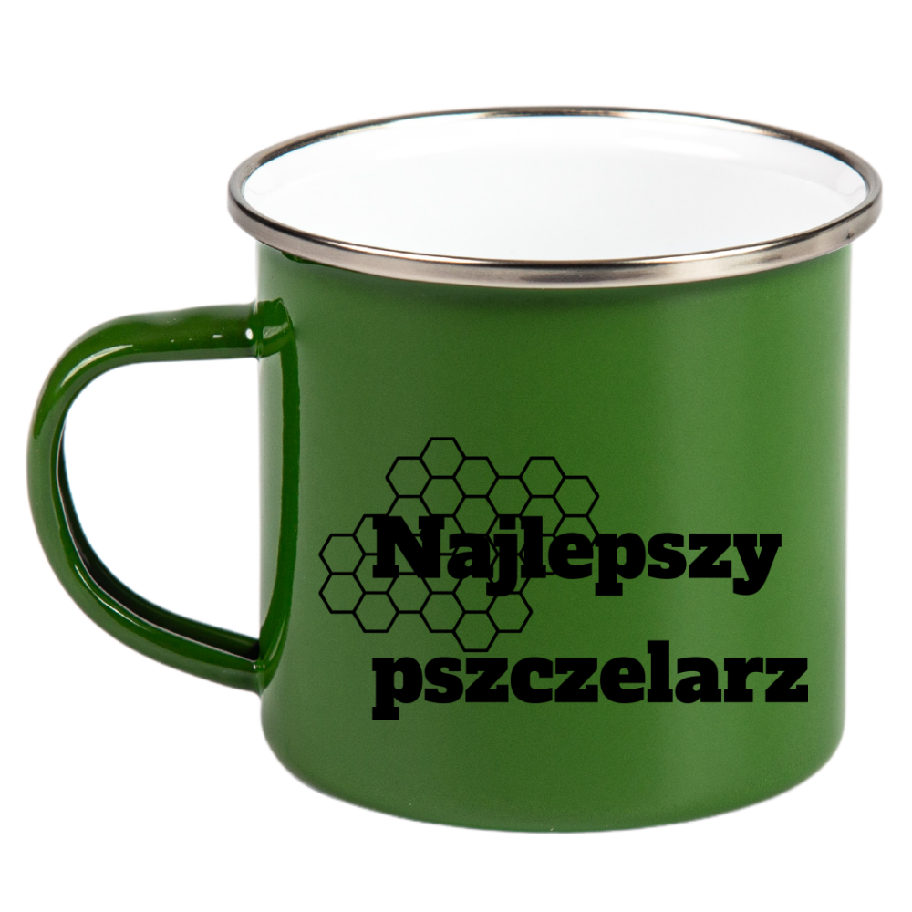 Kubek zielony emaliowany z nadrukiem „Najlepsza Pszczelarz” – pszczelarstwo #4