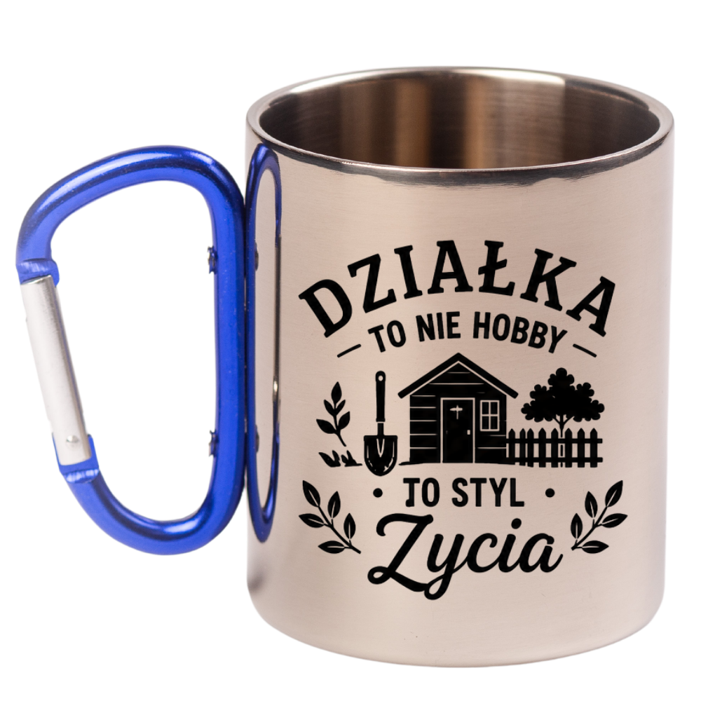 Kubek niebieski karabińczyk "Działka to nie hobby, to styl życia" - na działkę #4