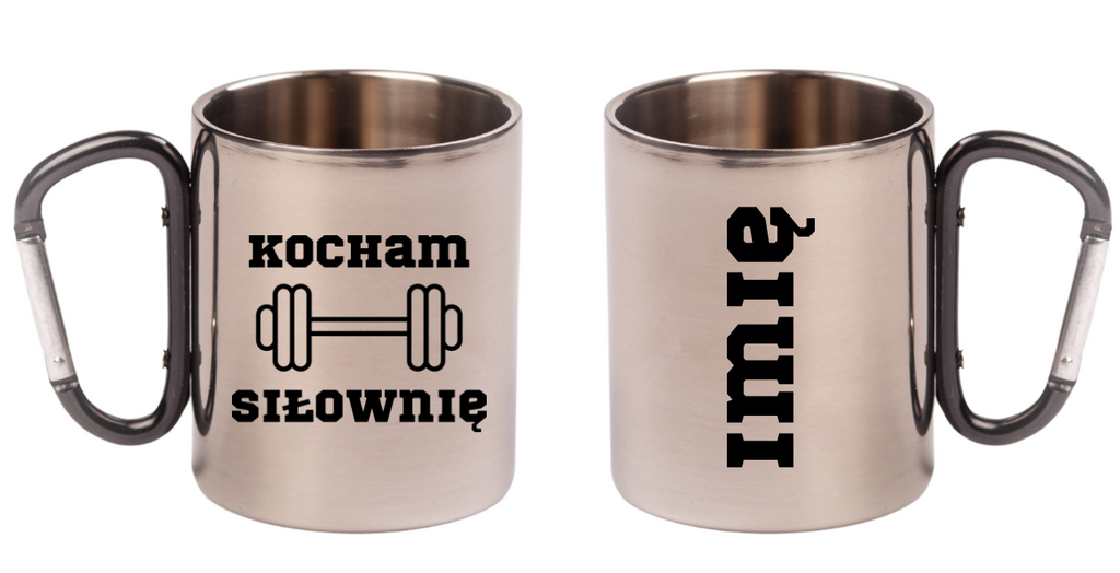 Kubek czarny karabińczyk z nadrukiem "Kocham Siłownię" – siłownia #1