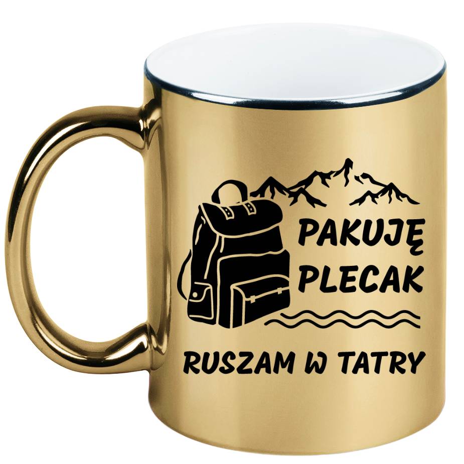 Kubek złoty z nadrukiem "Pakuję plecak, ruszam w Tatry" - Zakopane, Podhale, góry #1