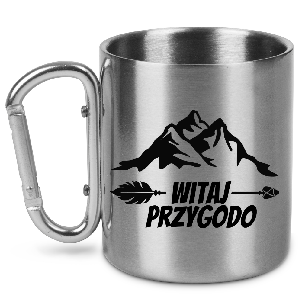Kubek karabińczyk srebrny z nadrukiem „Witaj przygodo” – przygoda, podróż #11