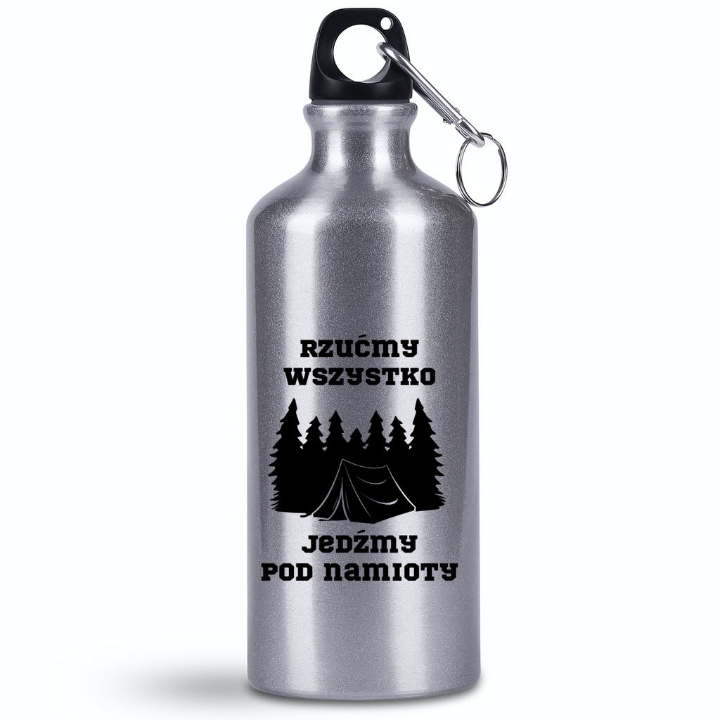 Bidon srebrny 500 ml z nadrukiem „Rzućmy wszystko, jedź pod namioty” – namioty, camping, wyprawa #9