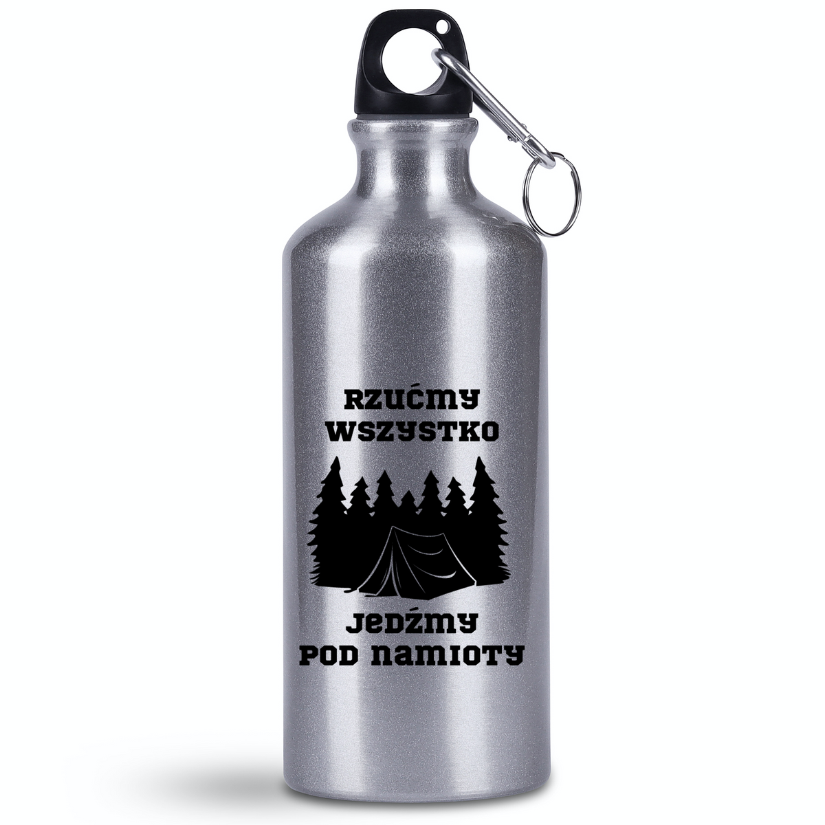 Bidon srebrny 500 ml z nadrukiem „Rzućmy wszystko, jedź pod namioty” – namioty, camping, wyprawa #9