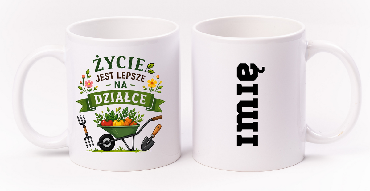 Kubek biały z nadrukiem „Życie jest lepsze na działce” – ogród, działka #3