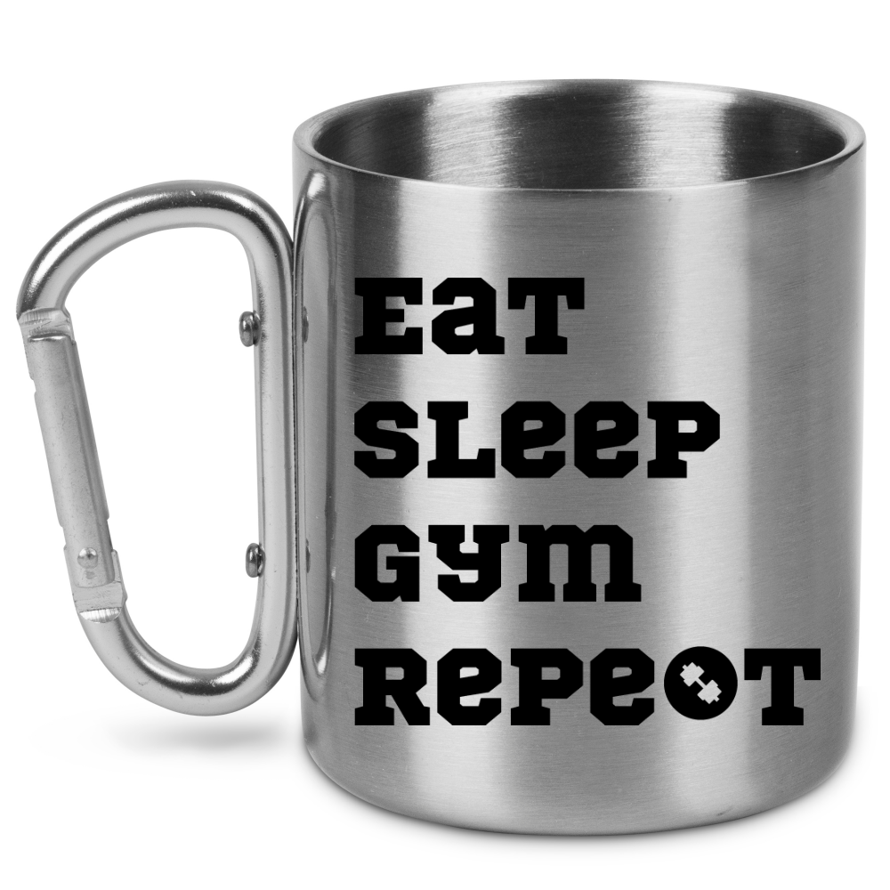Kubek metalowy srebrny z karabińczykiem i nadrukiem „Eat Sleep Gym Repeat” – na siłownię #7