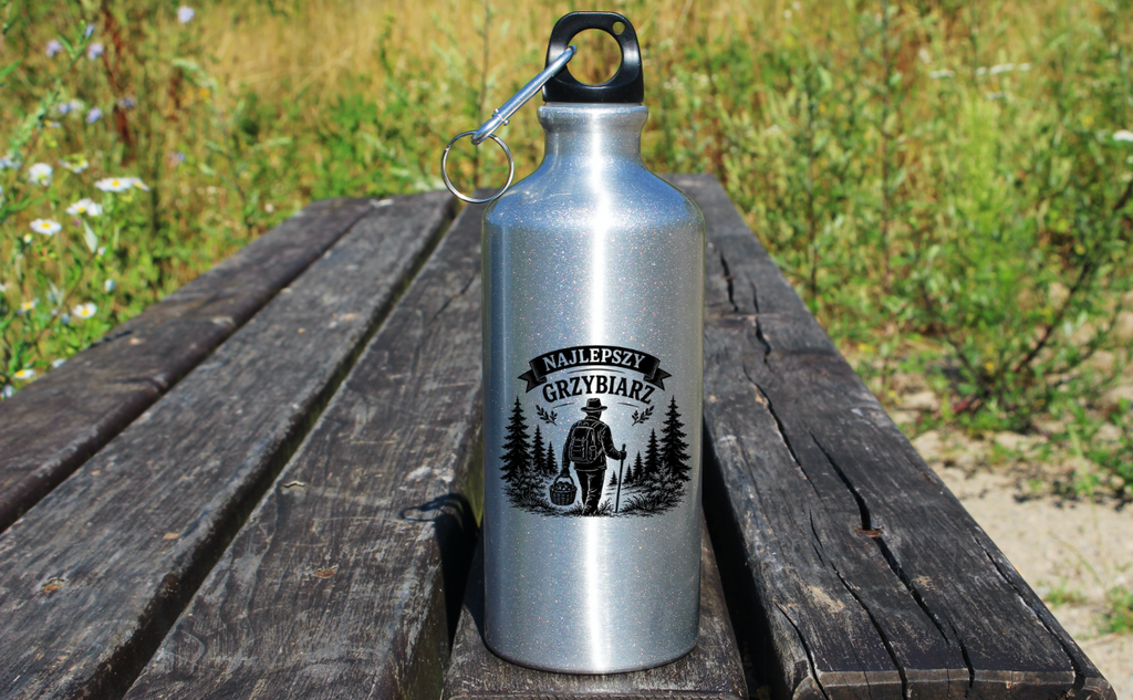 Bidon srebrny 500 ml z nadrukiem „Najlepszy Grzybiarz” – na grzyby #4