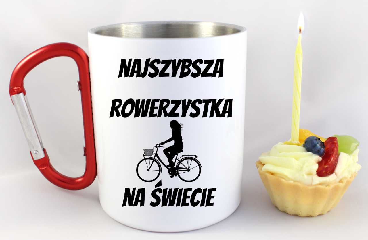 Kubek biały z czerwonym karabińczykiem i nadrukiem „Najszybsza rowerzystka na świecie” – dla rowerzystki #8