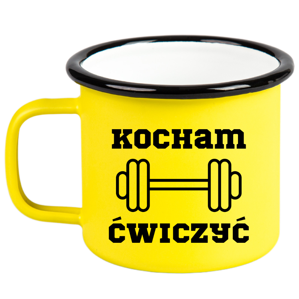Kubek emaliowany żółty z nadrukiem „Kocham Ćwiczyć” – na siłownię #2