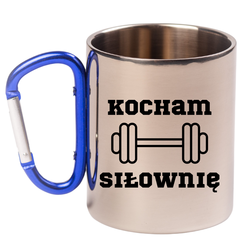 Kubek z niebieskim karabińczykiem i nadrukiem "Kocham Siłownię" #1