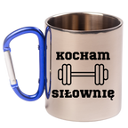 Kubek z niebieskim karabińczykiem i nadrukiem "Kocham Siłownię" #1
