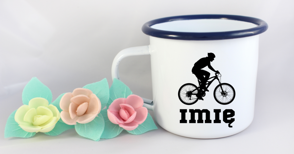 Kubek emaliowany biały z grafiką rowerową i imieniem do wyboru – dla rowerzysty #5