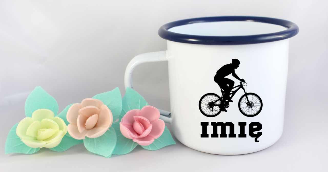 Kubek emaliowany biały z grafiką rowerową i imieniem do wyboru – dla rowerzysty #5
