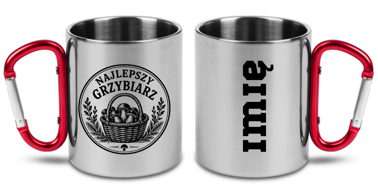 Kubek z czerwonym karabińczykiem „Najlepszy Grzybiarz” – na grzybobranie #2